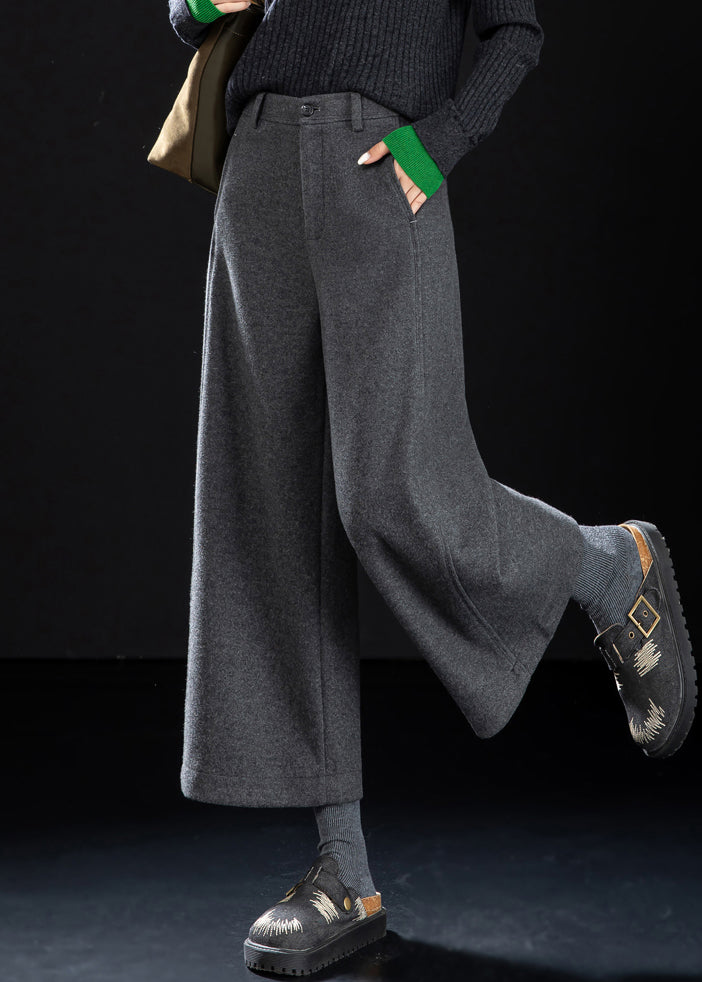 French Grey Button High Waist Woolen Crop Pants Winter