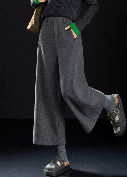 French Grey Button High Waist Woolen Crop Pants Winter