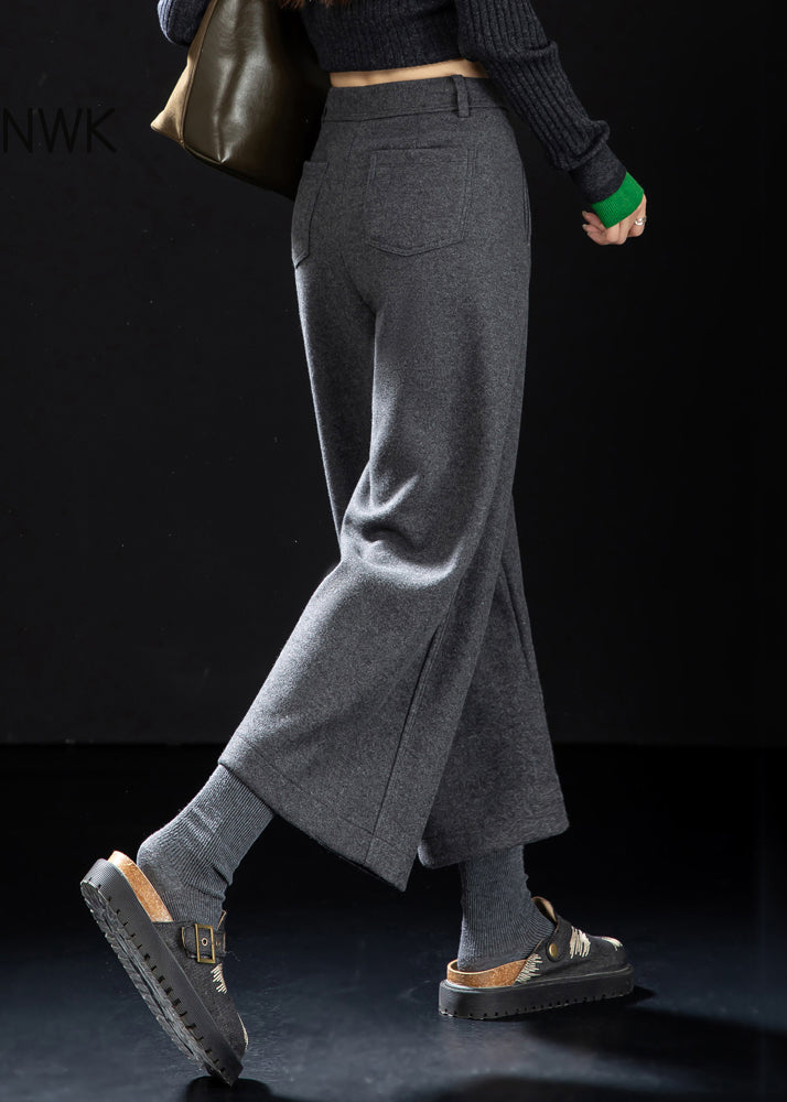 French Grey Button High Waist Woolen Crop Pants Winter