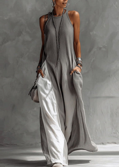 French Grey Cold Shoulder Pockets Patchwork Cotton Dress Summer