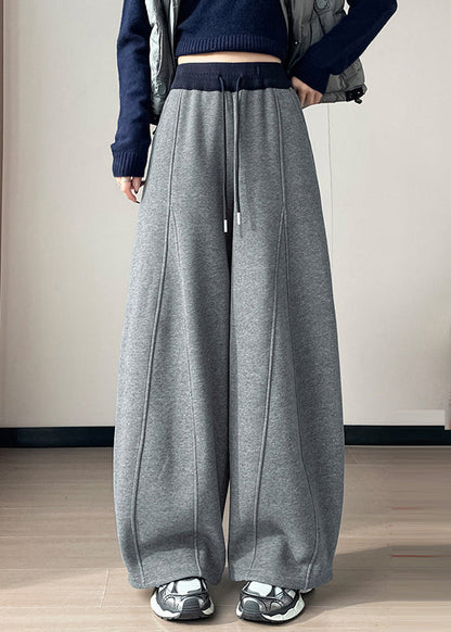 French Grey Drawstring Patchwork Warm Fleece Harem Pants Winter