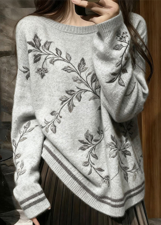 French Grey Embroidered Knit Sweater Tops Winter