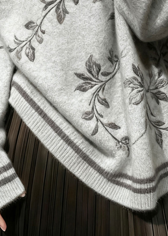 French Grey Embroidered Knit Sweater Tops Winter