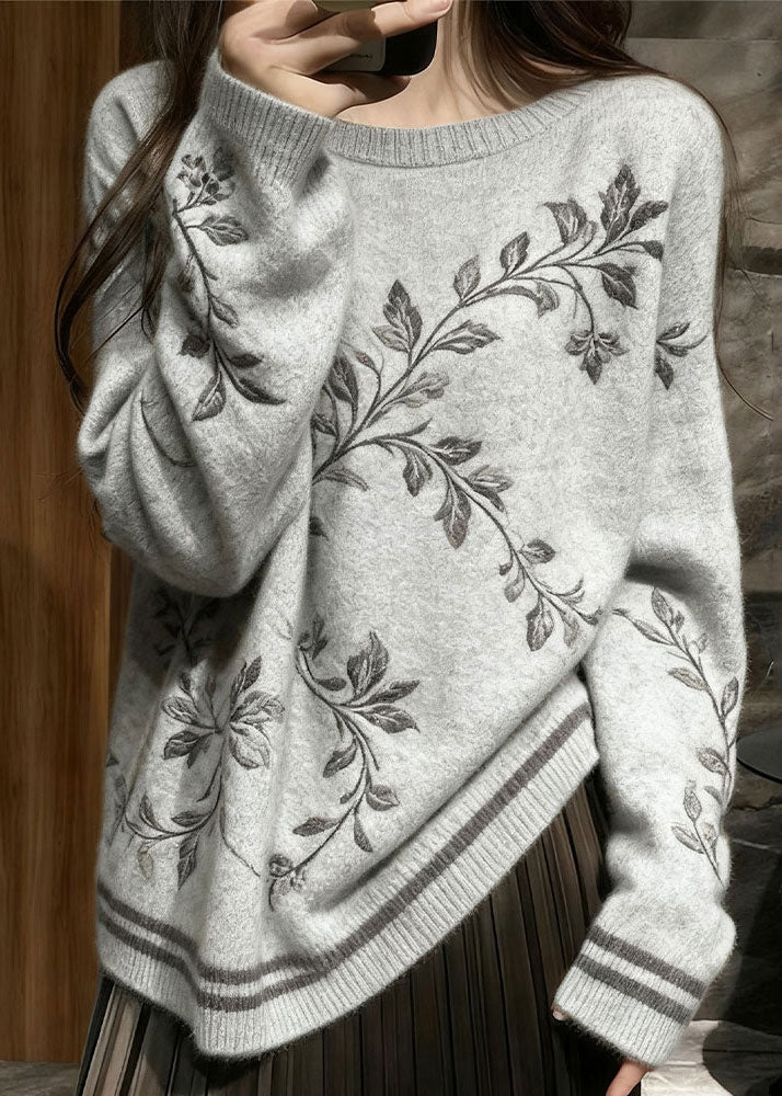 French Grey Embroidered Knit Sweater Tops Winter