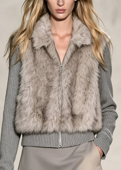 French Grey Fuzzy Fur Patchwork Knit Coat Outwear Winter
