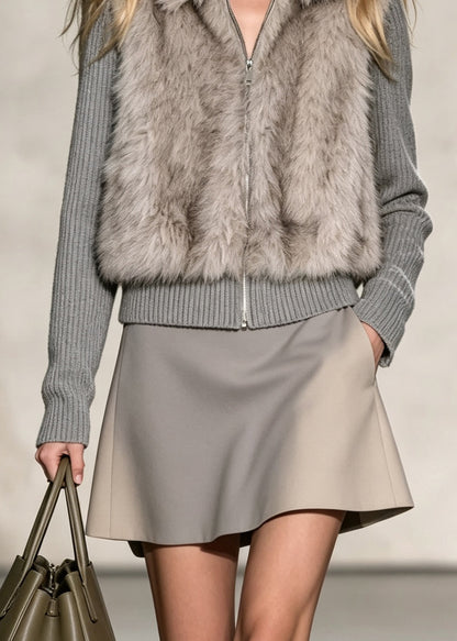 French Grey Fuzzy Fur Patchwork Knit Coat Outwear Winter