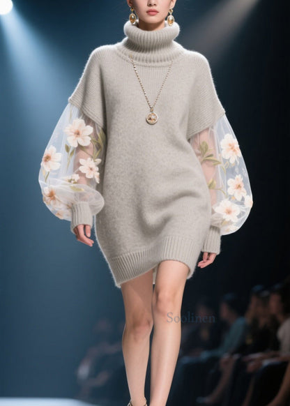 French Grey Hign Neck Tulle Patchwork Knit Sweater Dress Winter