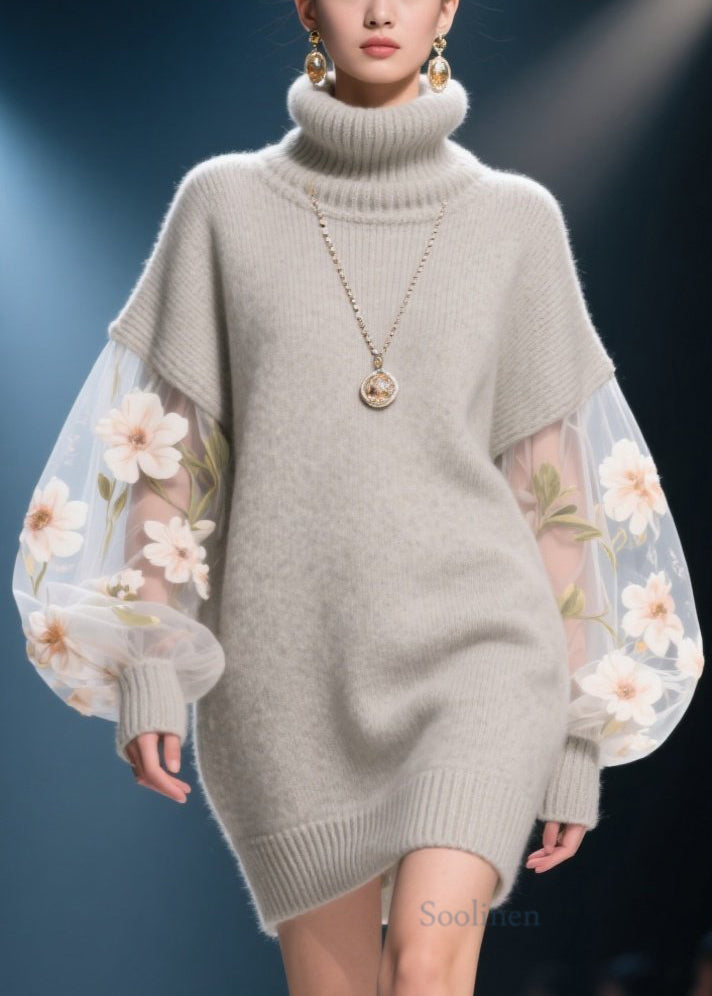 French Grey Hign Neck Tulle Patchwork Knit Sweater Dress Winter