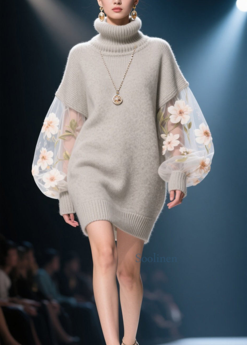 French Grey Hign Neck Tulle Patchwork Knit Sweater Dress Winter