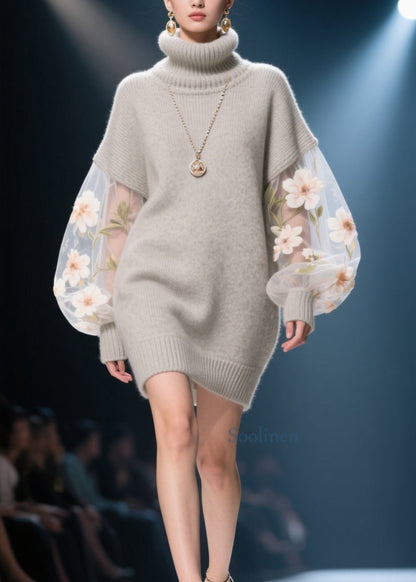 French Grey Hign Neck Tulle Patchwork Knit Sweater Dress Winter
