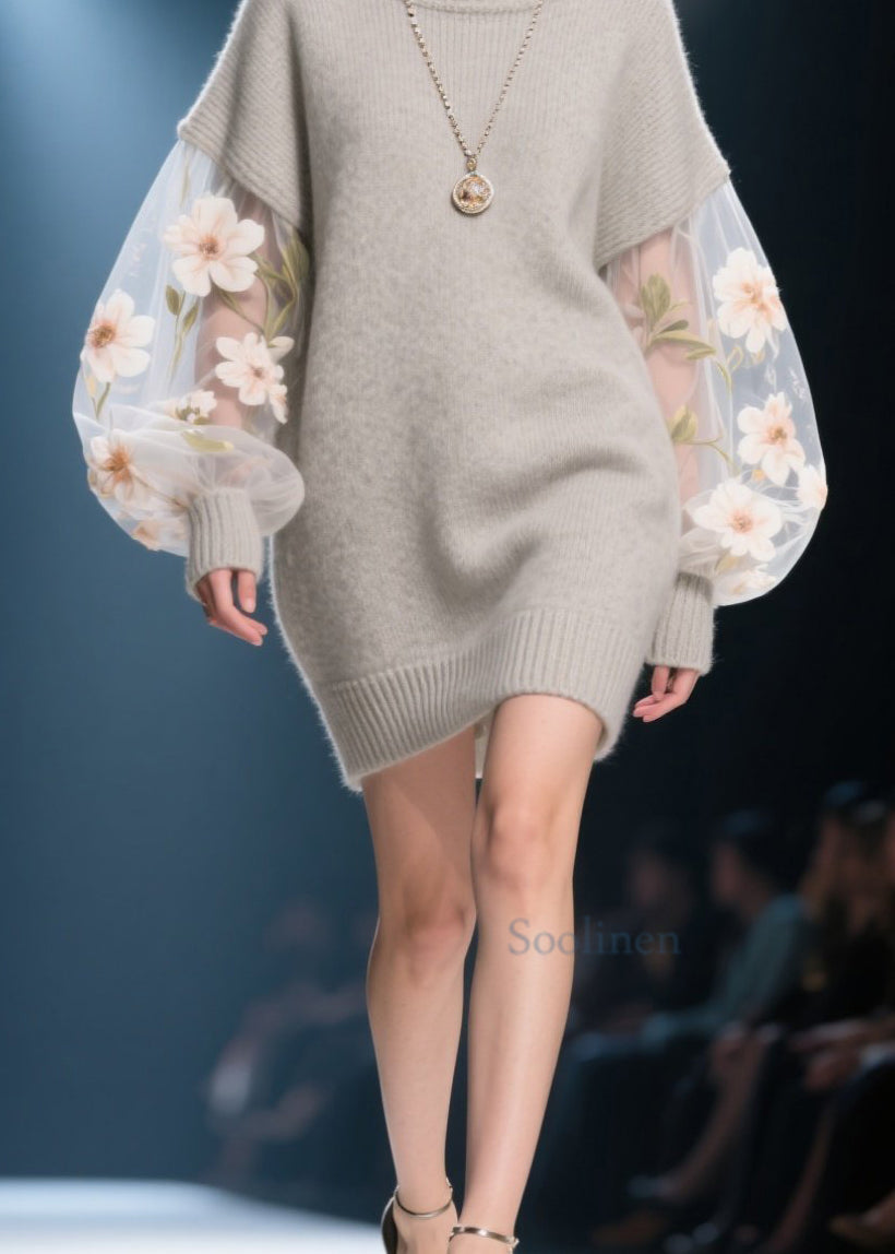 French Grey Hign Neck Tulle Patchwork Knit Sweater Dress Winter