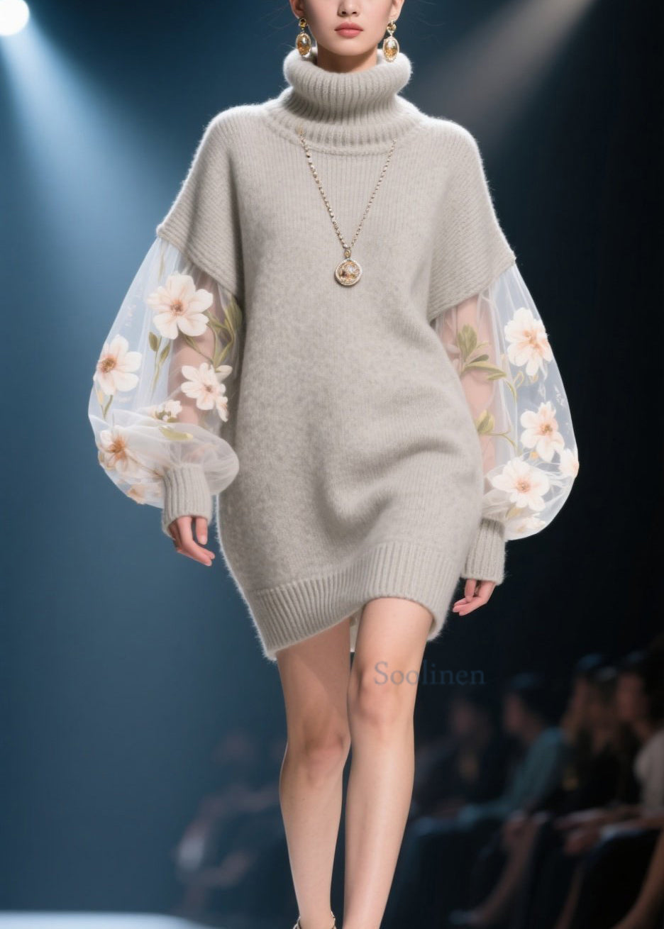 French Grey Hign Neck Tulle Patchwork Knit Sweater Dress Winter
