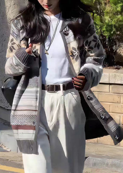 French Grey O Neck Button Jacquard Knit Cardigan Fall