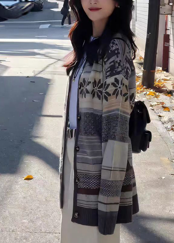 French Grey O Neck Button Jacquard Knit Cardigan Fall