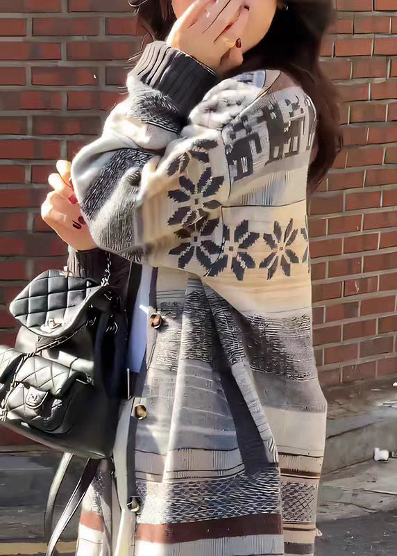 French Grey O Neck Button Jacquard Knit Cardigan Fall