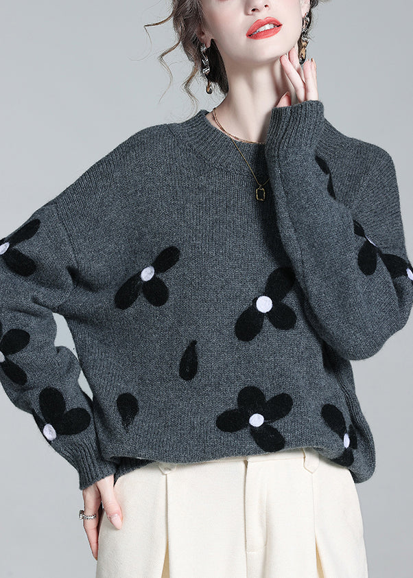 French Grey O Neck Cozy Patchwork Knit Sweaters Winter