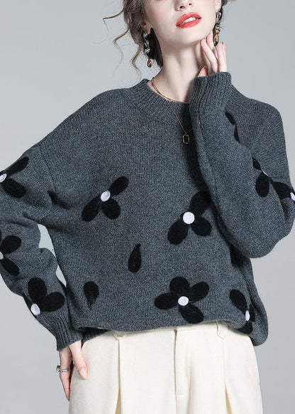 French Grey O Neck Cozy Patchwork Knit Sweaters Winter