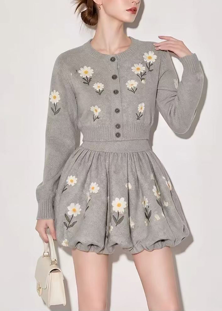 French Grey O-Neck Daisy Cardigan And Bubble Mini Skirt Knit Two Pieces Set Fall