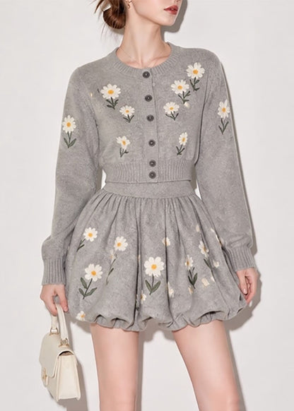 French Grey O-Neck Daisy Cardigan And Bubble Mini Skirt Knit Two Pieces Set Fall
