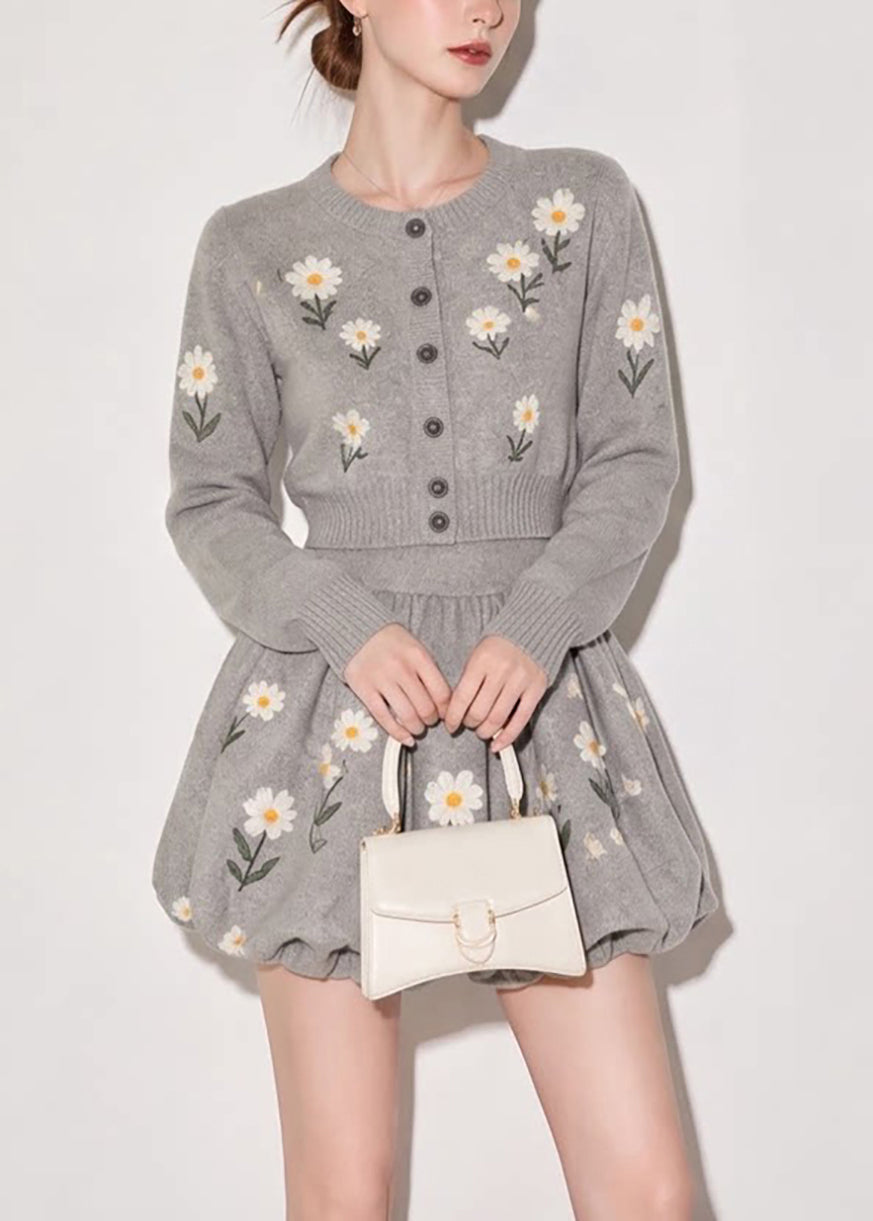 French Grey O-Neck Daisy Cardigan And Bubble Mini Skirt Knit Two Pieces Set Fall