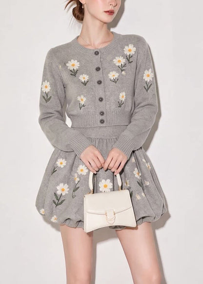 French Grey O-Neck Daisy Cardigan And Bubble Mini Skirt Knit Two Pieces Set Fall