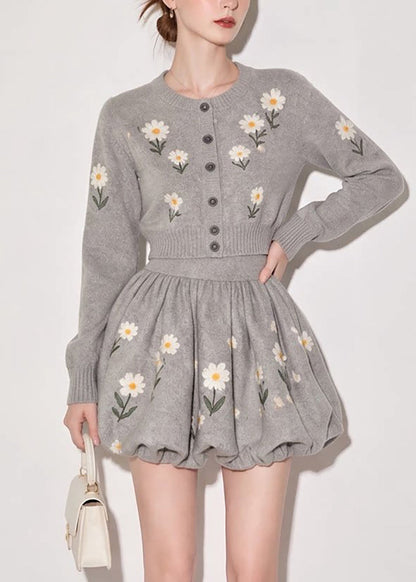 French Grey O-Neck Daisy Cardigan And Bubble Mini Skirt Knit Two Pieces Set Fall