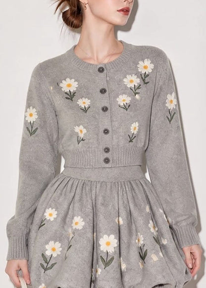 French Grey O-Neck Daisy Cardigan And Bubble Mini Skirt Knit Two Pieces Set Fall