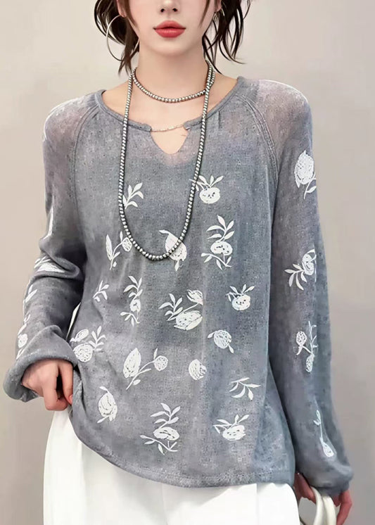 French Grey O Neck Embroidered Knit Top Fall