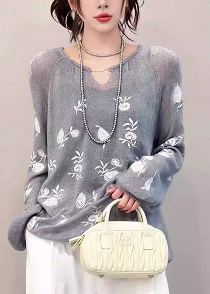 French Grey O Neck Embroidered Knit Top Fall