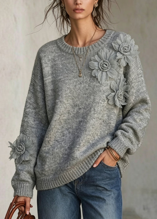 French Grey O Neck Floral Decorated Knit Sweaters Fall