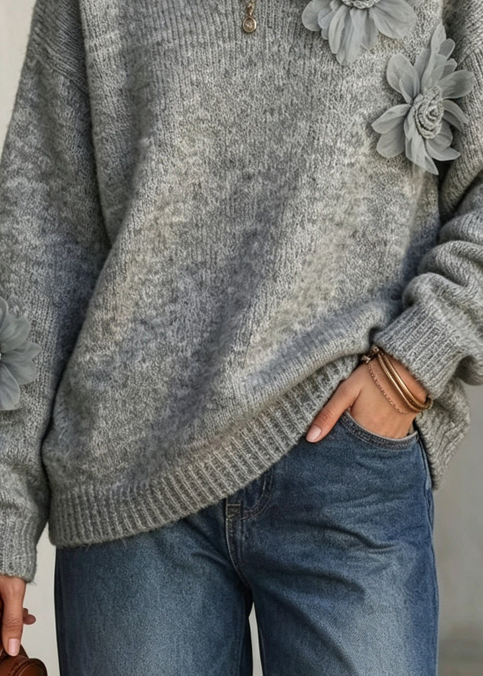 French Grey O Neck Floral Decorated Knit Sweaters Fall