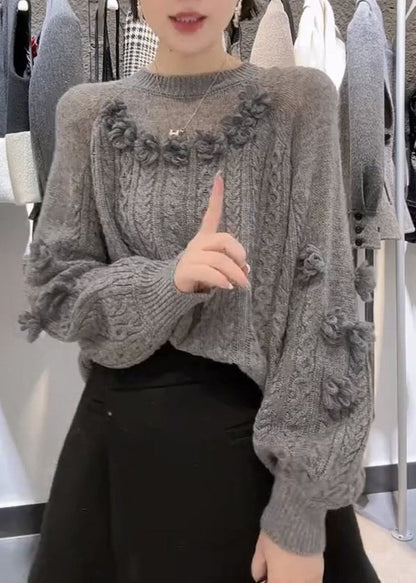 French Grey O Neck Floral Knit Sweaters Spring