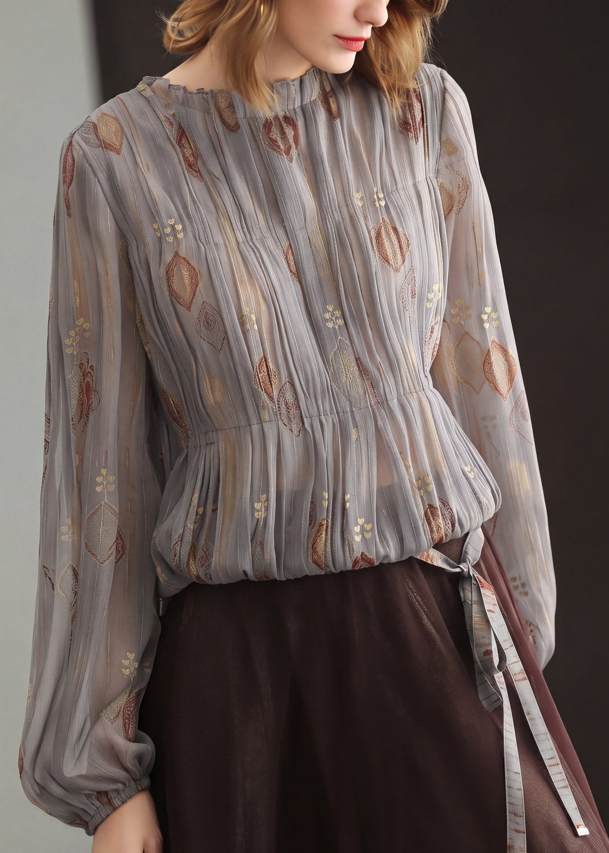 French Grey O-Neck Jacquard Pleated Chiffon Blouses Fall