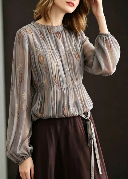 French Grey O-Neck Jacquard Pleated Chiffon Blouses Fall