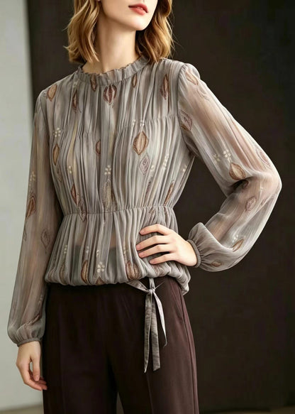 French Grey O-Neck Jacquard Pleated Chiffon Blouses Fall