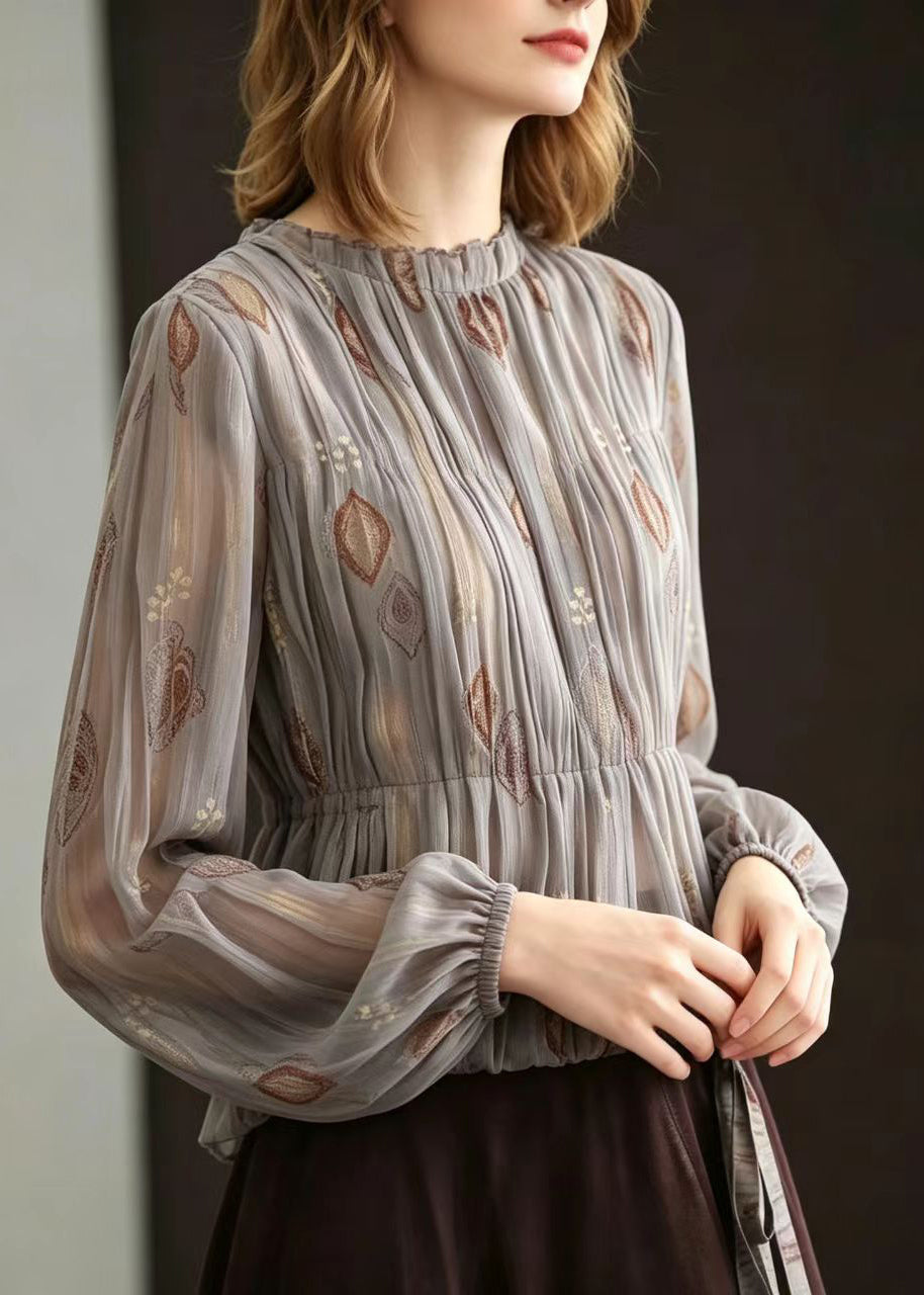 French Grey O-Neck Jacquard Pleated Chiffon Blouses Fall