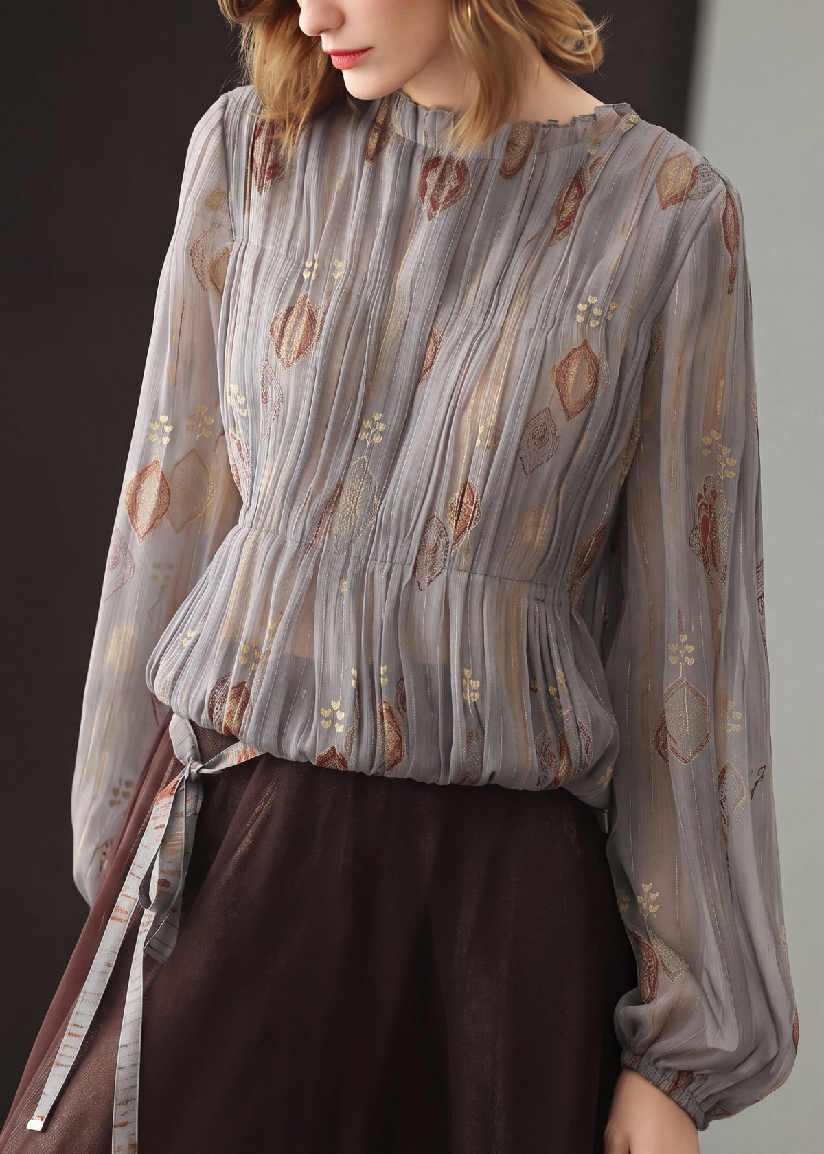 French Grey O-Neck Jacquard Pleated Chiffon Blouses Fall