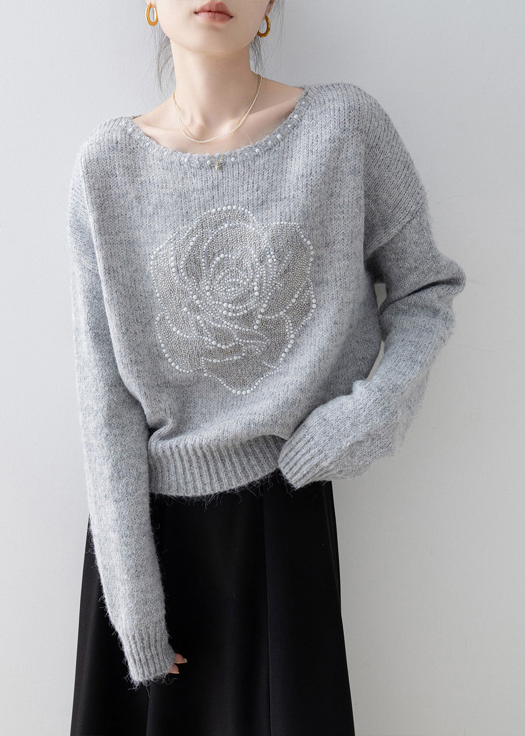 French Grey O Neck Nail Bead Knit Sweater Tops Spring