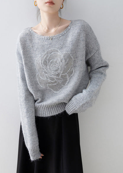 French Grey O Neck Nail Bead Knit Sweater Tops Spring