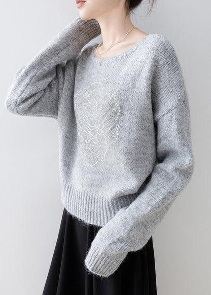 French Grey O Neck Nail Bead Knit Sweater Tops Spring