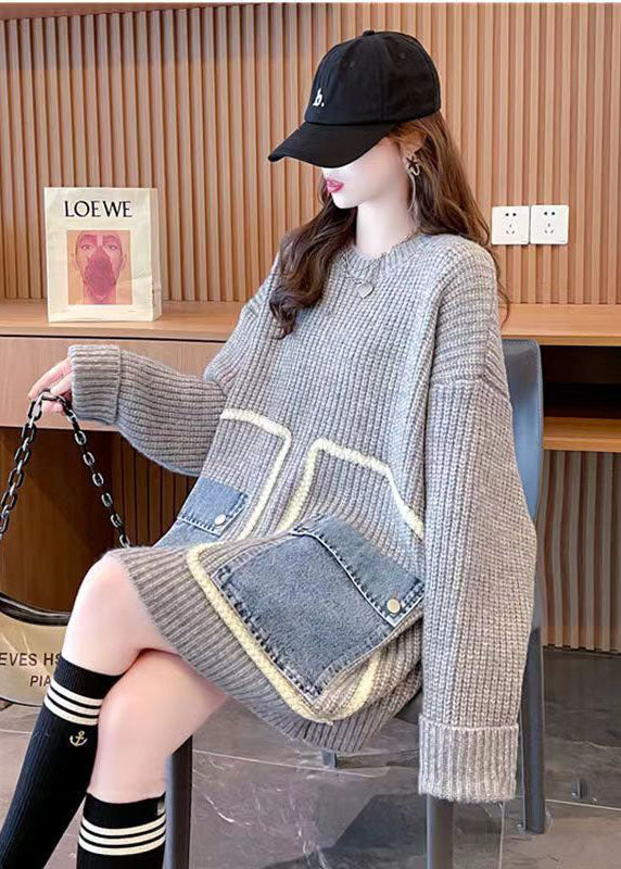 French Grey O-Neck Oversized Lazy Patchwork Pockets Knit Sweater Tops Winter