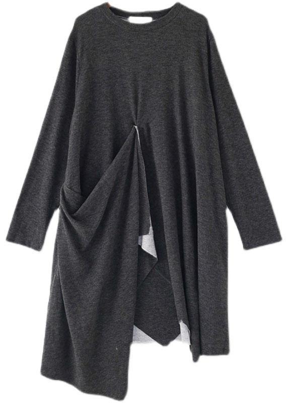 French Grey O-Neck Patchwork Fall Dress Long Sleeve - SooLinen