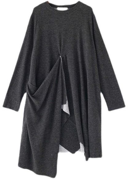 French Grey O-Neck Patchwork Fall Dress Long Sleeve - SooLinen