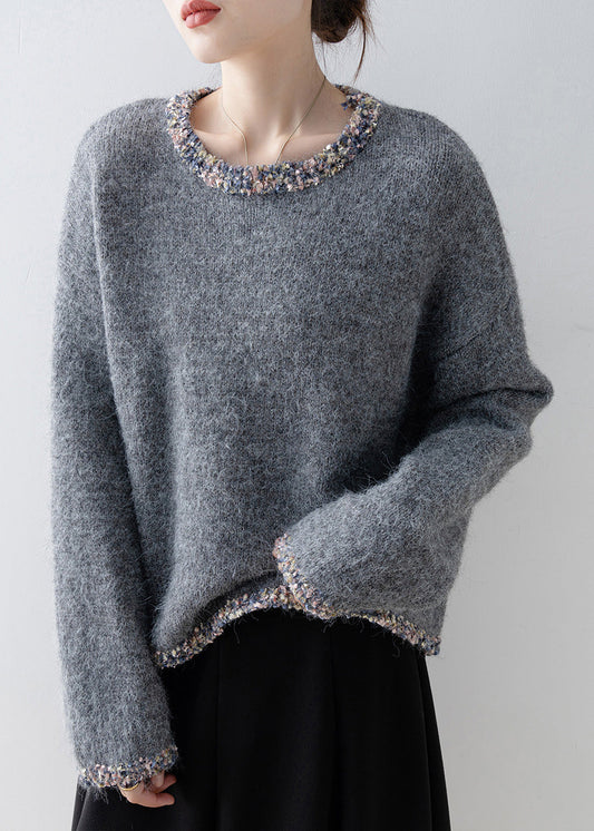 French Grey O Neck Patchwork Knit Sweaters Tops Spring