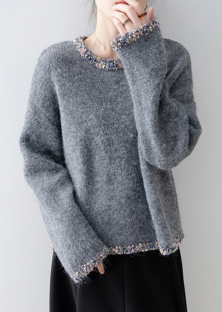 French Grey O Neck Patchwork Knit Sweaters Tops Spring