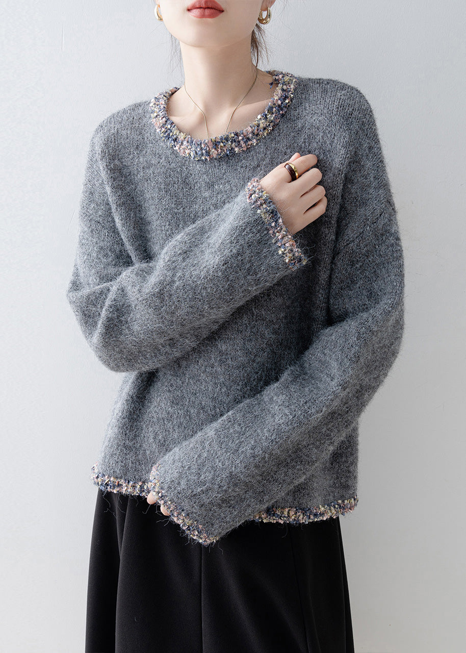 French Grey O Neck Patchwork Knit Sweaters Tops Spring