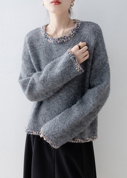 French Grey O Neck Patchwork Knit Sweaters Tops Spring