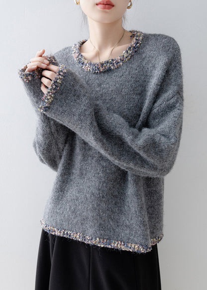 French Grey O Neck Patchwork Knit Sweaters Tops Spring