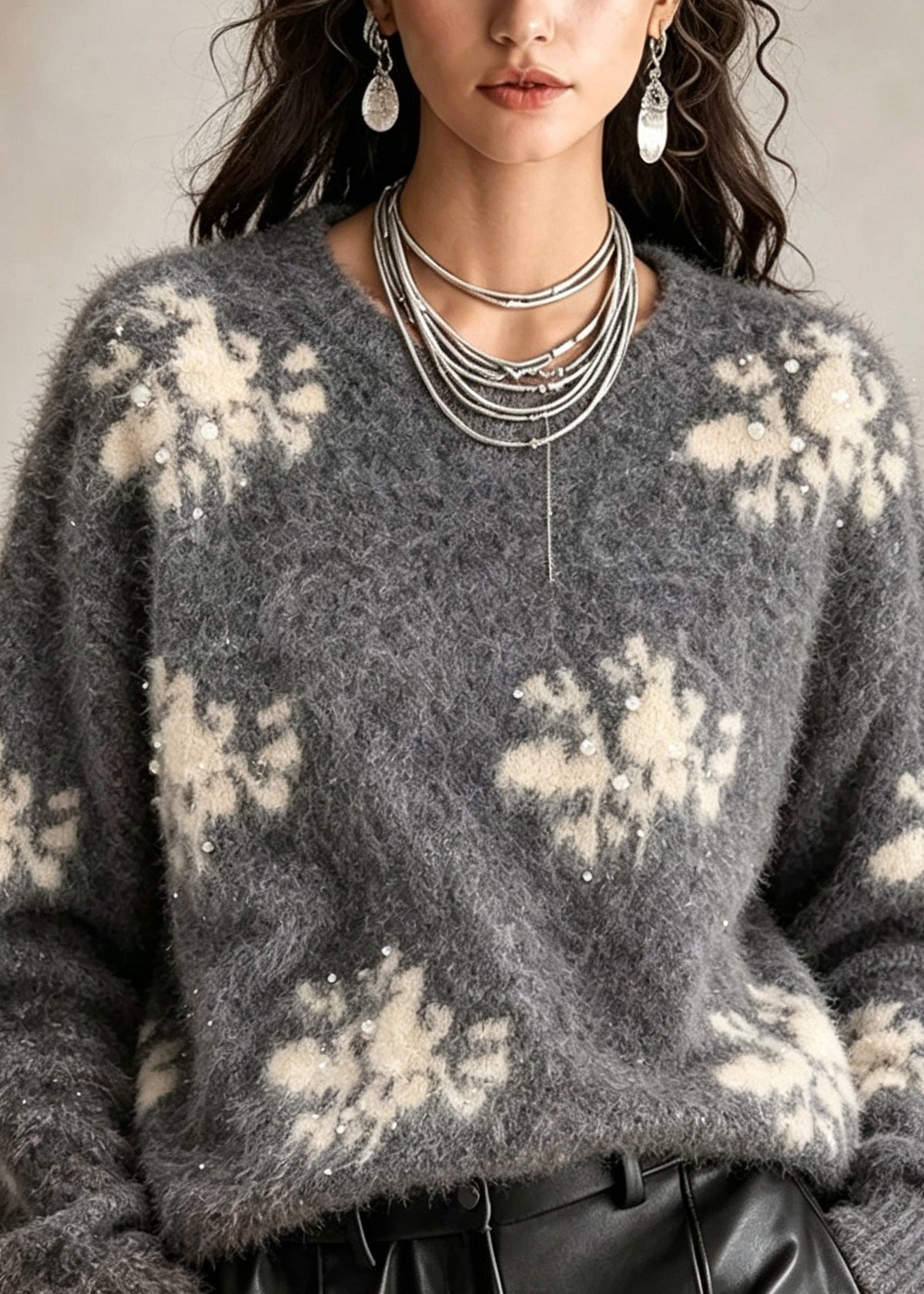 French Grey O Neck Print Nail Bead Knit Sweater Fall