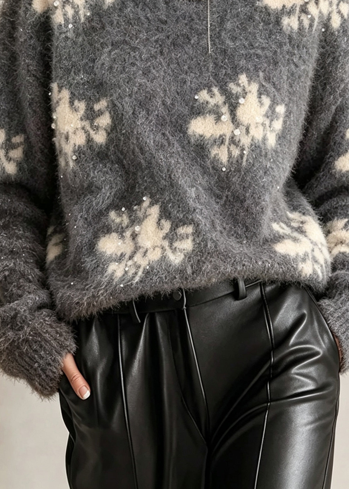 French Grey O Neck Print Nail Bead Knit Sweater Fall